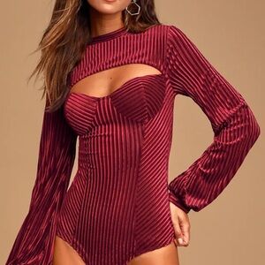 Women's Burgundy Cutout Ribbed Long-Sleeve Bodysuit